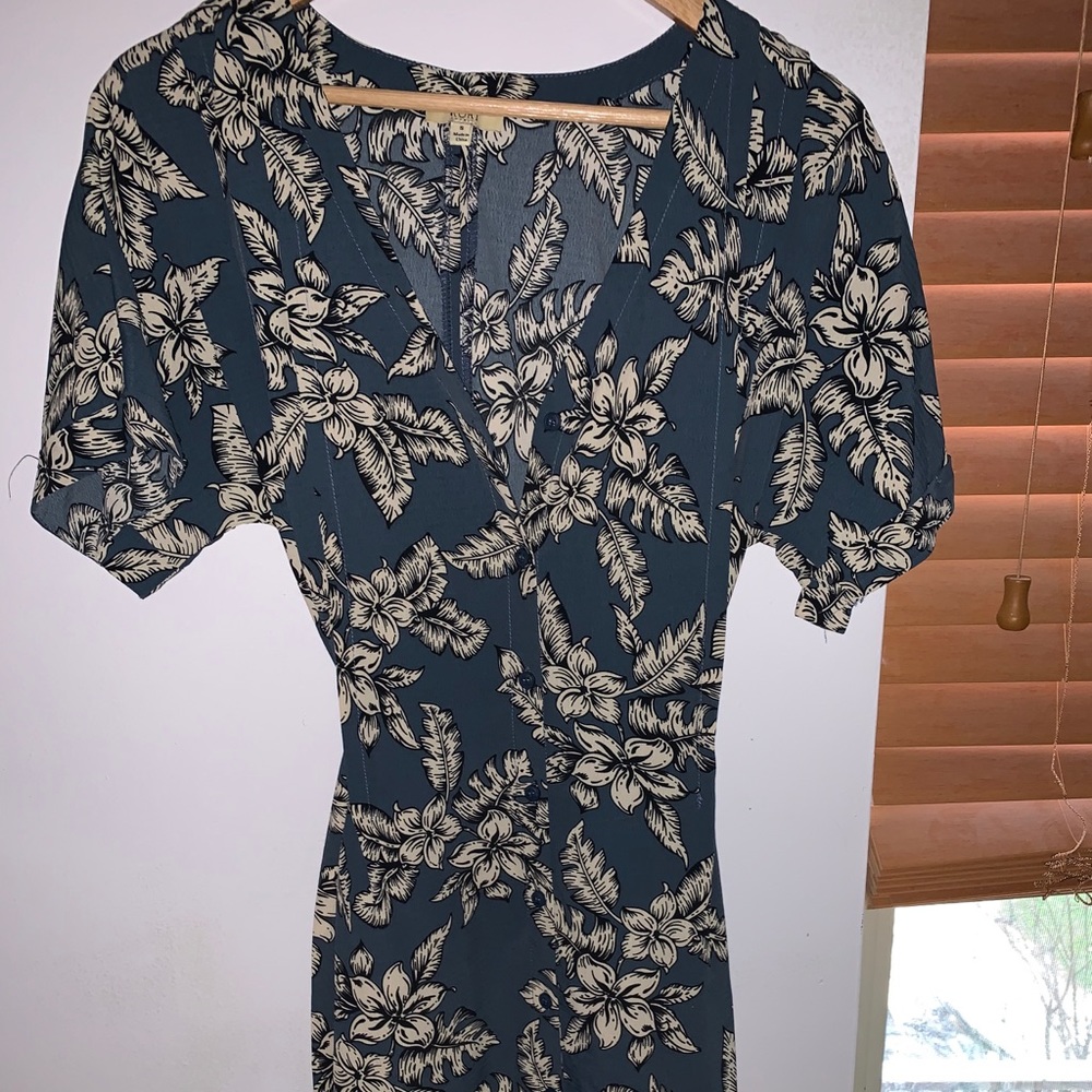 blue and white floral print dress